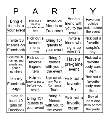 Pure Romance Bingo!  Get a BINGO to win an additional 10% off! Bingo Card