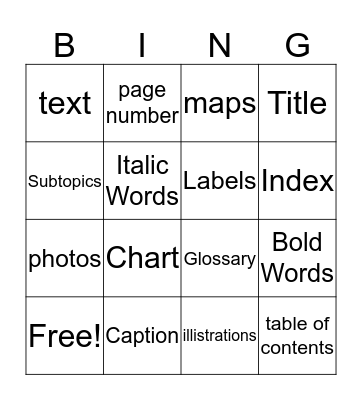 Text Feature Bingo Card