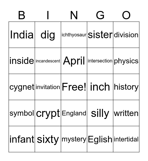 Short I Bingo Card