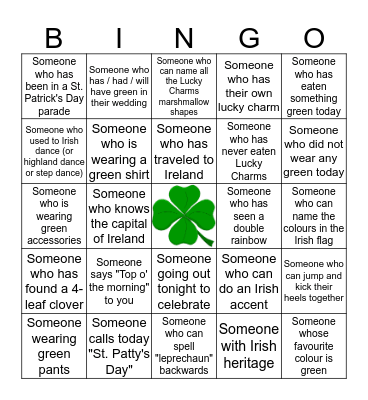 St. Patrick's Day Bingo Card