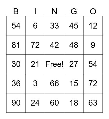 Multiplication Bingo Card