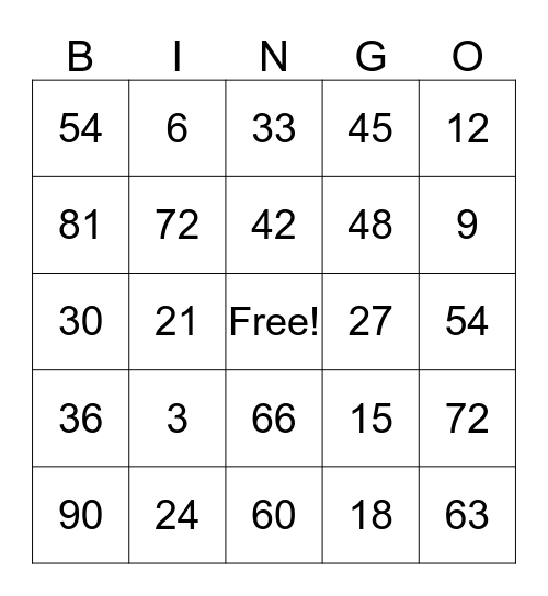 Multiplication Bingo Card