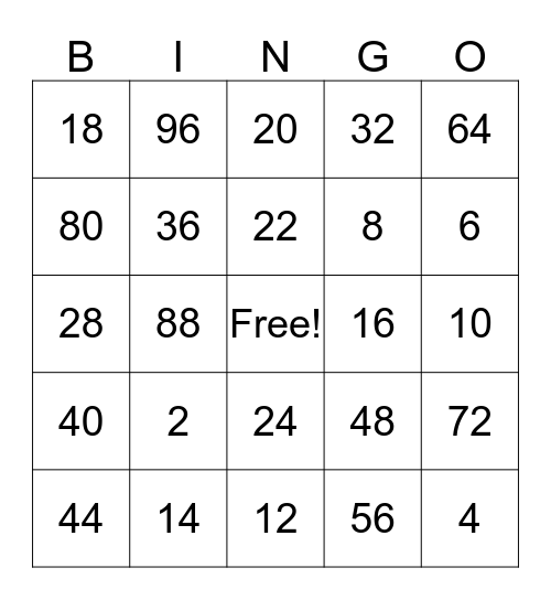 Multiplication Bingo Card