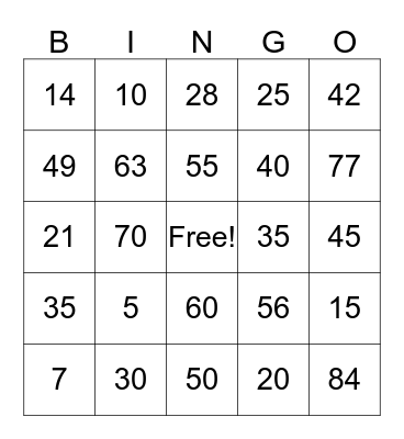 Multiplication Bingo Card