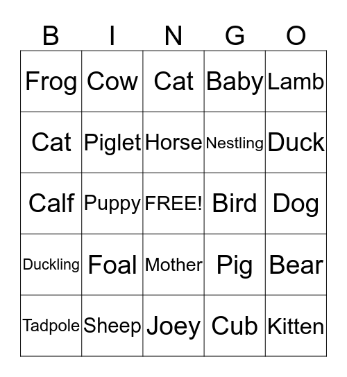 Mother and Baby Animals Bingo Card