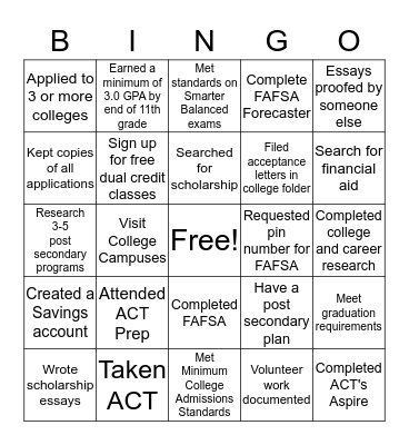 College Checklist Bingo Card