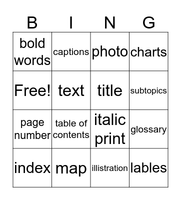 Text Feature Bingo Card
