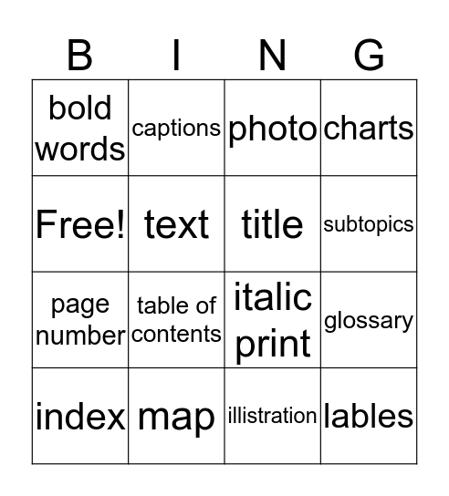 Text Feature Bingo Card