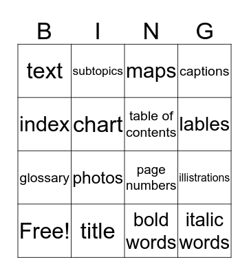 Text Feature Bingo Card