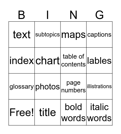 Text Feature Bingo Card