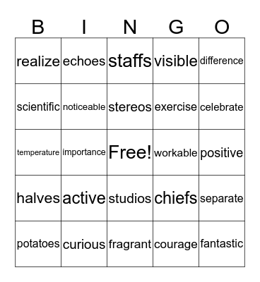 Spelling Bingo Card