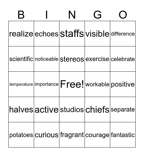 Spelling Bingo Card