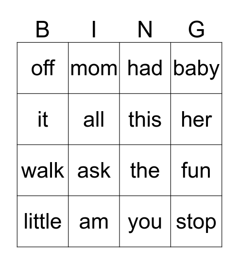 Sight Word Bingo Card
