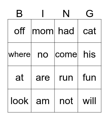 Sight Word Bingo Card