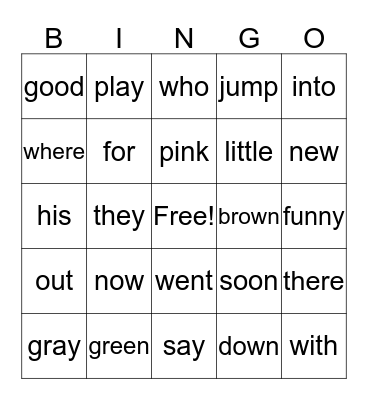 Sight Words Bingo Card