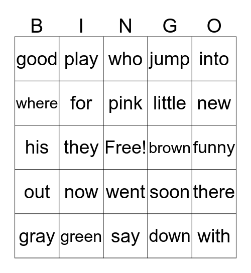 Sight Words Bingo Card