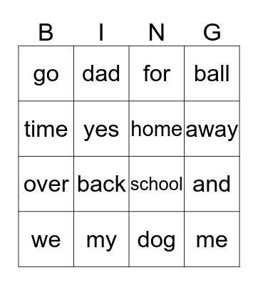 Sight Word Bingo Card