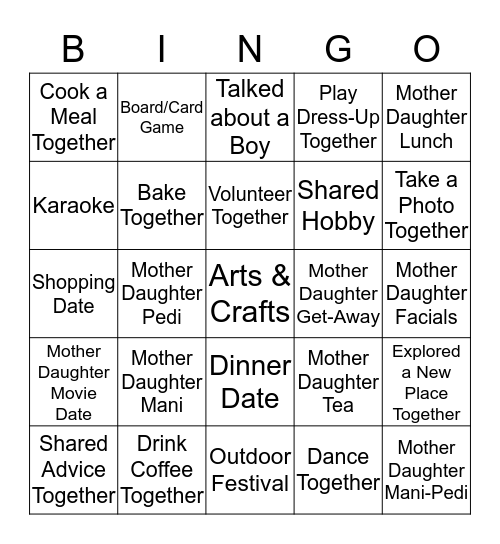 Mother-Daughter Activities Bingo Card