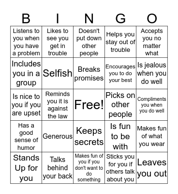 Positive and Negative Friends Bingo Card