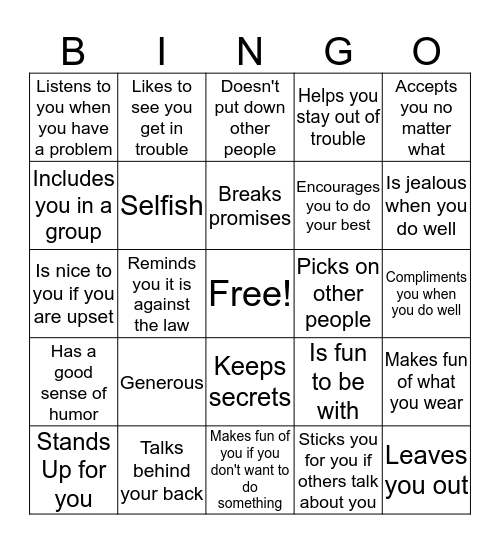 Positive and Negative Friends Bingo Card