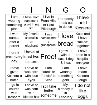 Kessera's First Birthday Bingo Card