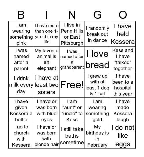 Kessera's First Birthday Bingo Card