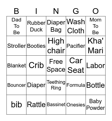 Kha' Mari Baby shower Bingo Card