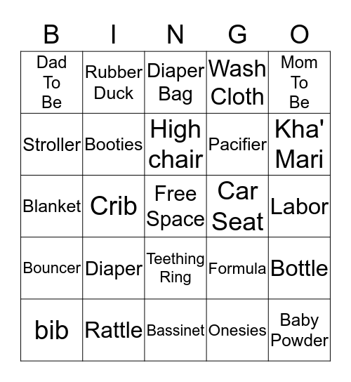 Kha' Mari Baby shower Bingo Card