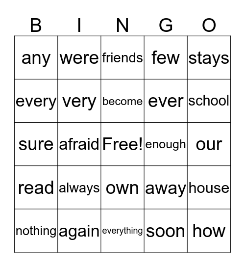 High Frequency Word Bingo Card