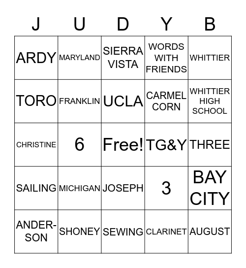 JUDY'S BIRTHDAY BINGO Card