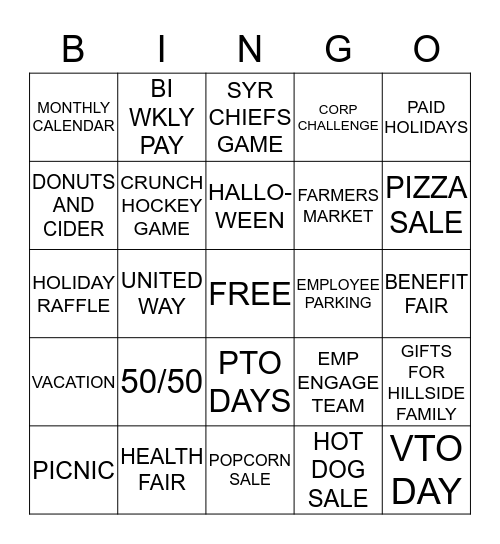 Employee Events Bingo Card