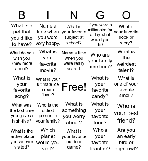 Getting to Know One Another Bingo Card