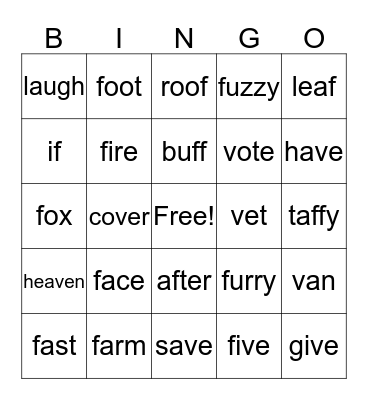 F/V Bingo Card
