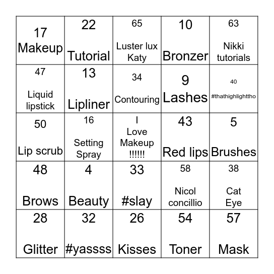 Makeup Bingo!  Bingo Card
