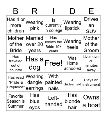 Bridal Autograph BINGO Card