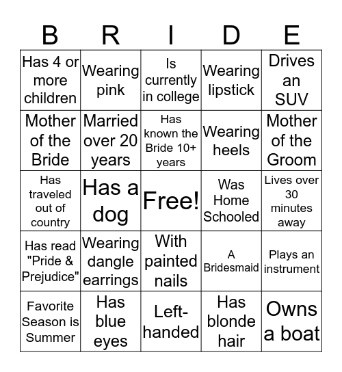 Bridal Autograph BINGO Card