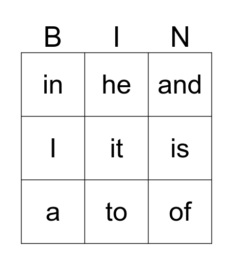 Sight Words Bingo Card