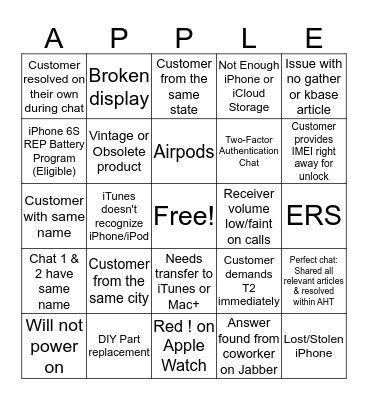 AppleCare Bingo Card