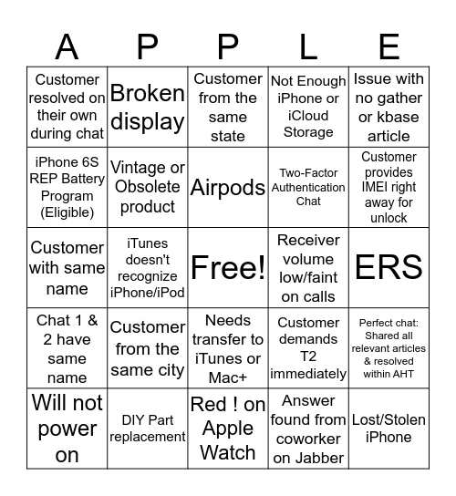 AppleCare Bingo Card