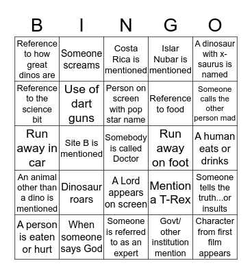 JURASSIC PARK II: THE LOST WORLD Bingo Card