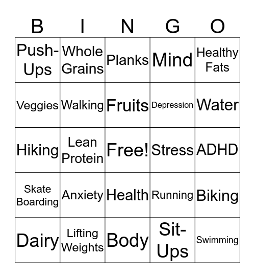 Physical Health & Mental Health Bingo Card