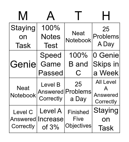 Reasoning Mind Bingo Card