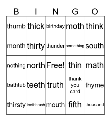 The voiceless /th/ sound Bingo Card