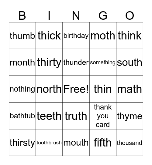 The voiceless /th/ sound Bingo Card