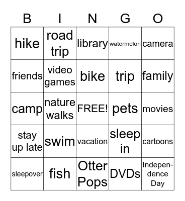 Summer Bingo Card