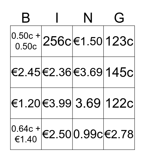 Money Bingo Card