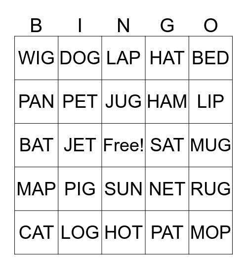 Short Vowel Words Bingo Card