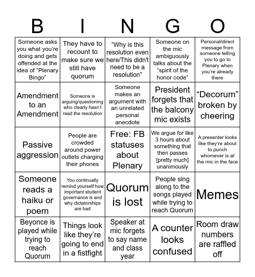 Plenary Bingo (at night) Bingo Card