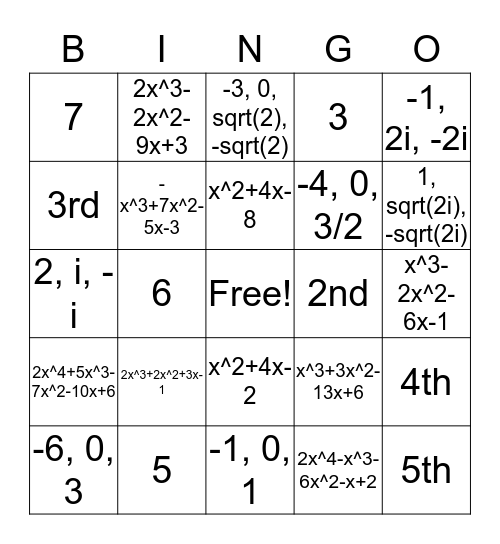 Polynomial Review Bingo Card