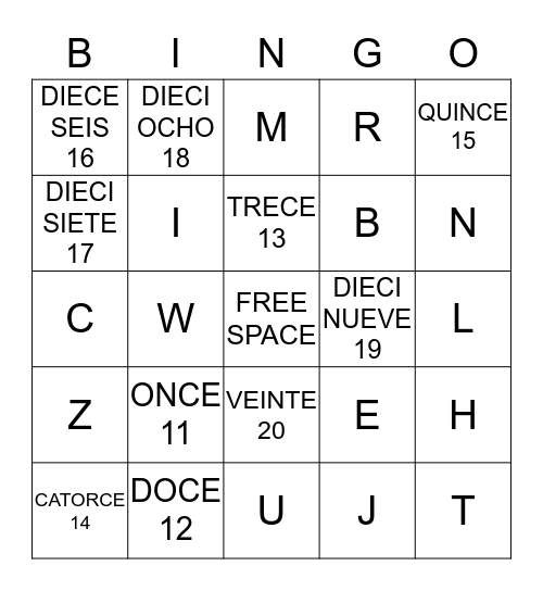 NUMBERS AND LETTERS SPANISH BINGO Card